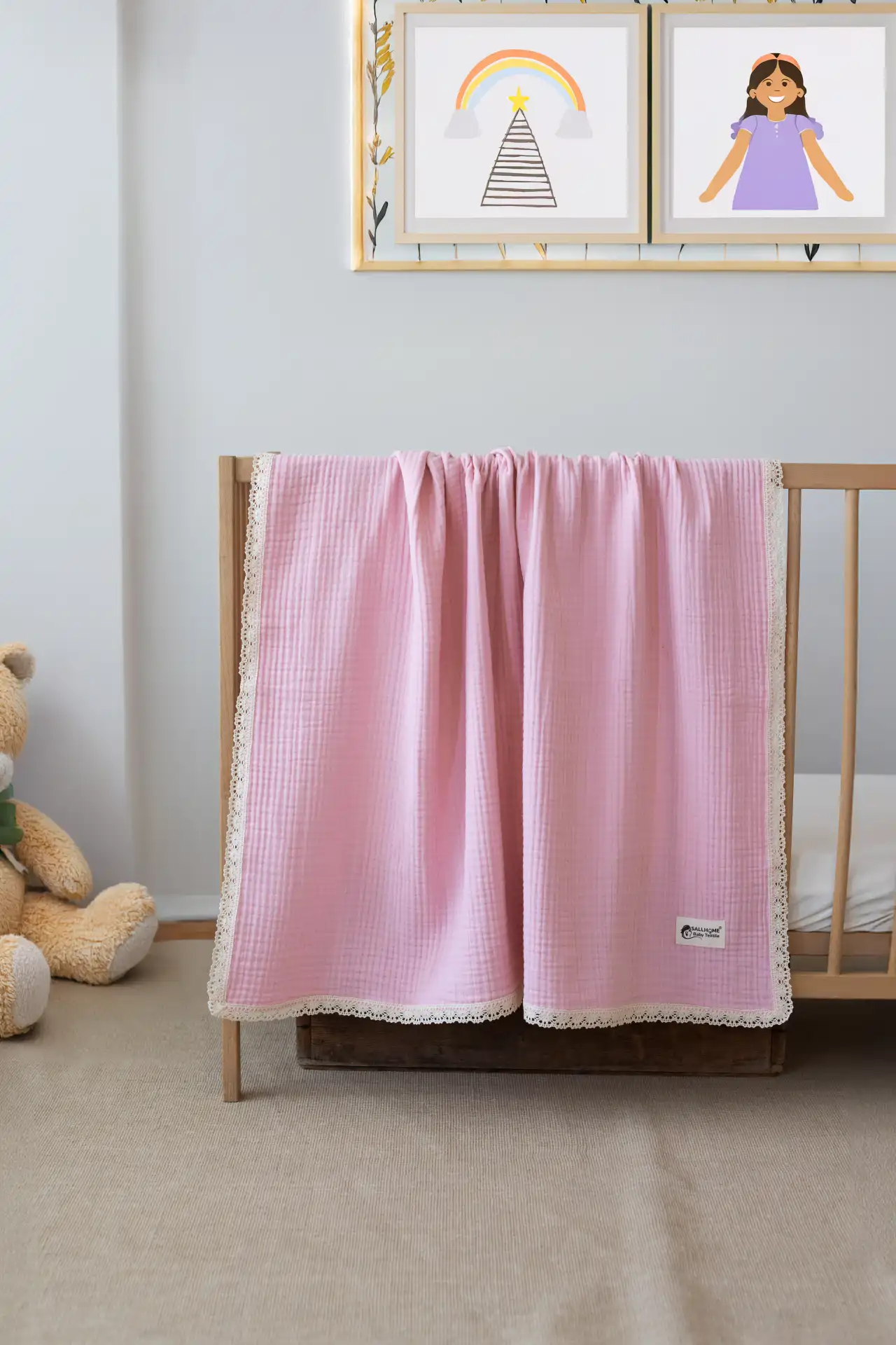 4 Katlı Dantelli Müslin Bebek Battaniyesi (Pembe)