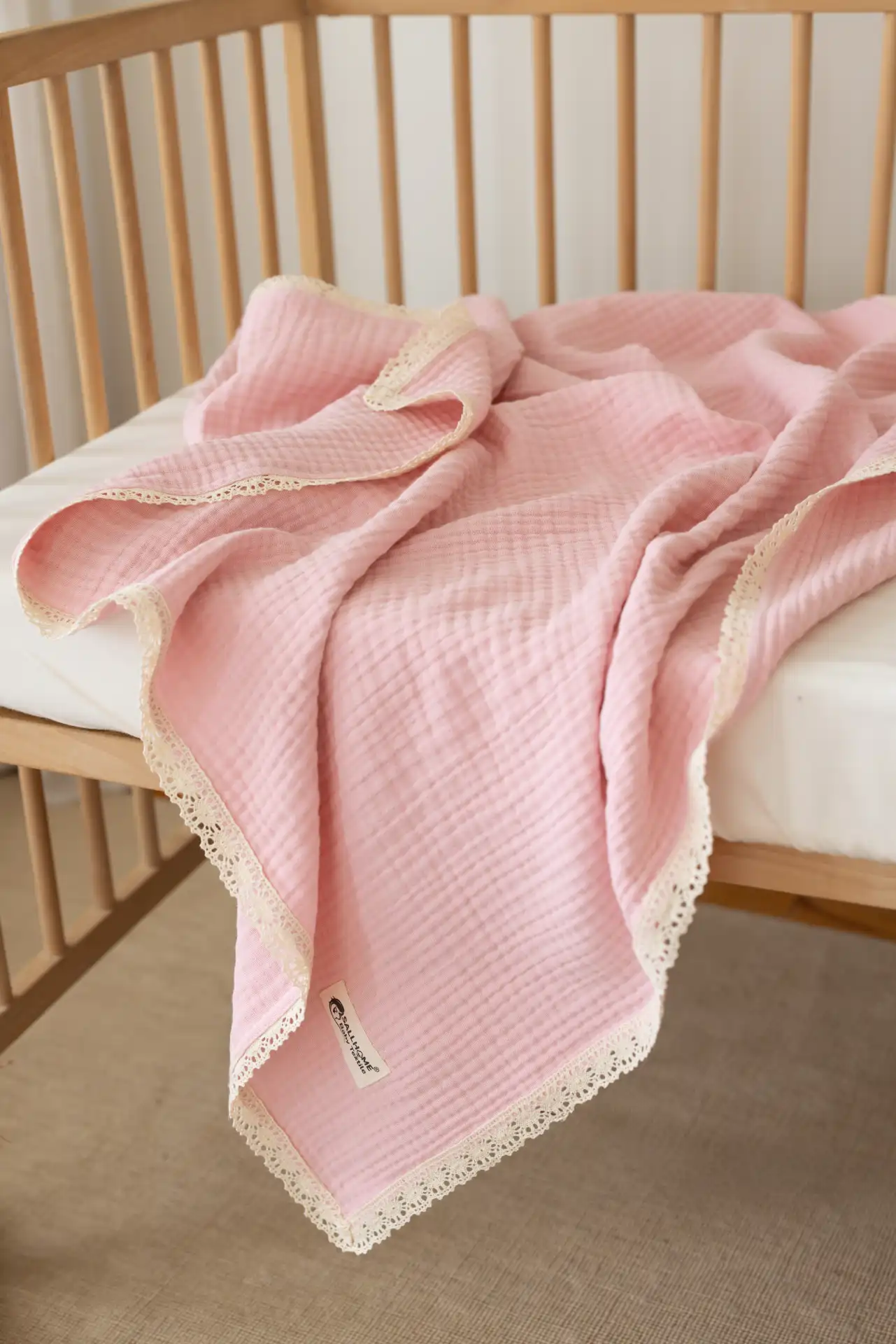 4 Katlı Dantelli Müslin Bebek Battaniyesi (Pembe) - Görsel 3