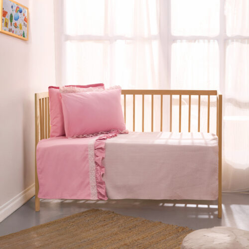 Fırfır Dantel Detaylı %100 Pamuk Pembe Bebek Pike Takımı