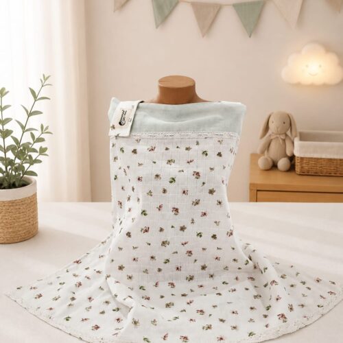 SALLHOMEE Sallhome Mit Yeşili Çiçekli Dantel Kenarlı Müslin Emzirme Örtüsü – %100 Pamuk