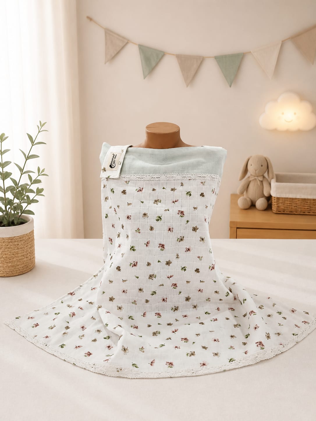 SALLHOMEE Sallhome Mit Yeşili Çiçekli Dantel Kenarlı Müslin Emzirme Örtüsü – %100 Pamuk