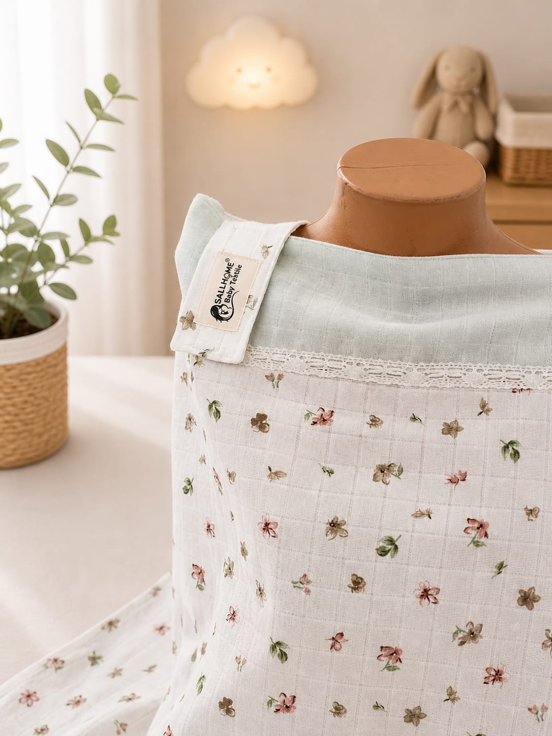 SALLHOMEE Sallhome Mit Yeşili Çiçekli Dantel Kenarlı Müslin Emzirme Örtüsü – %100 Pamuk - Görsel 2