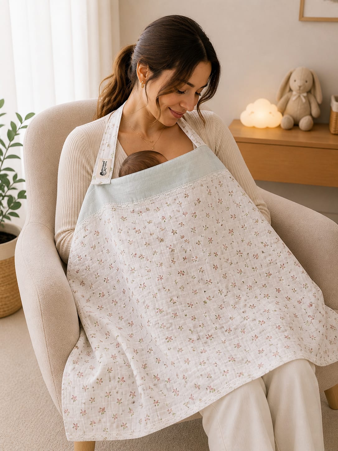 SALLHOMEE Sallhome Mit Yeşili Çiçekli Dantel Kenarlı Müslin Emzirme Örtüsü – %100 Pamuk - Görsel 3